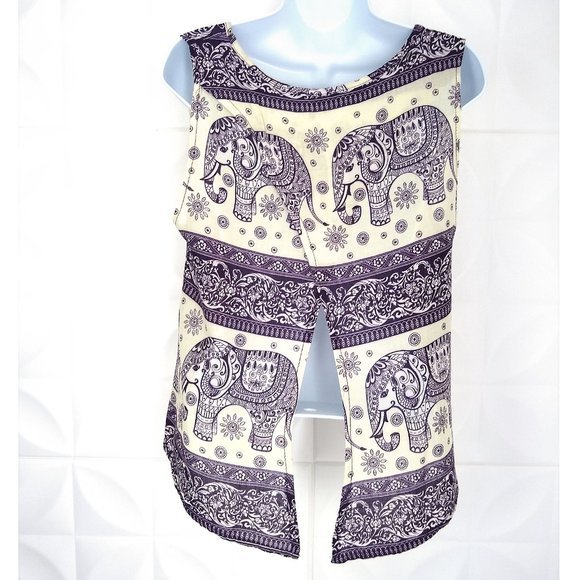 Elephant Boho Cropped Tank Top Purple Yellow Thailand Open Back M 100% Cotton - Picture 6 of 10